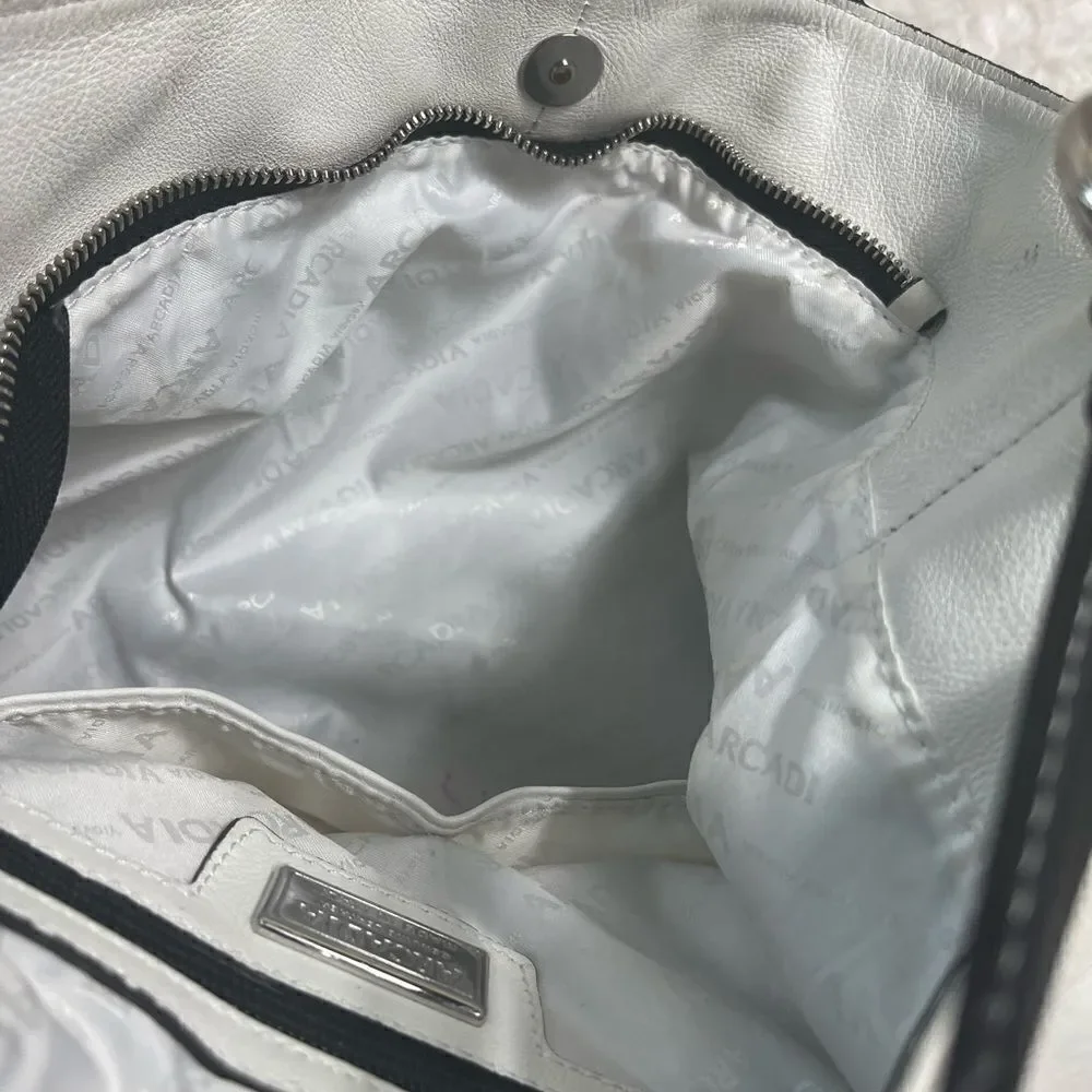 ARCADIA made in Italy White Genuine Leather Satchel Snake skin print accent.
